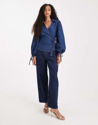 Asos Design Denim Wrap Top With Balloon Sleeves In Blue