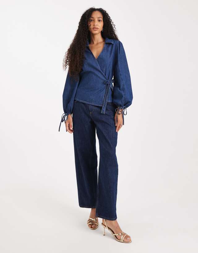 ASOS DESIGN denim wrap top with balloon sleeves in indigo | ASOS