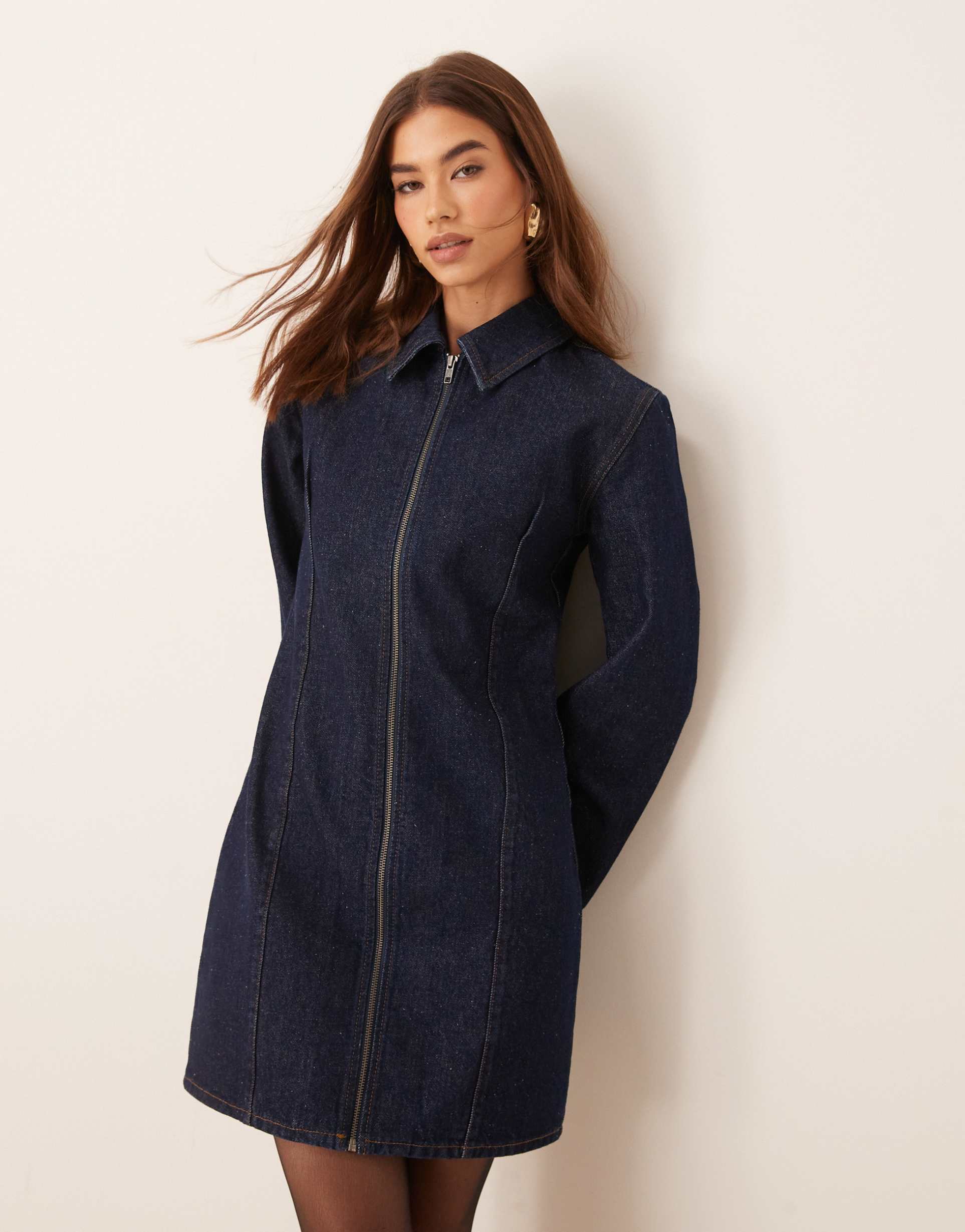 asos design denim zip down mini dress in indigo