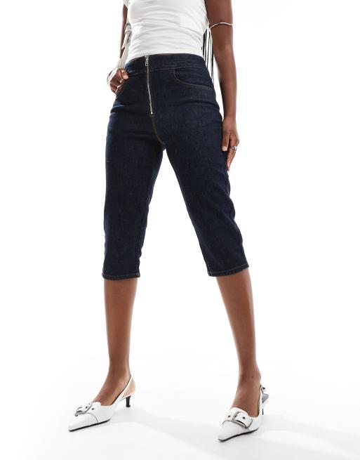 ASOS DESIGN denim zip front capri jeans in indigo