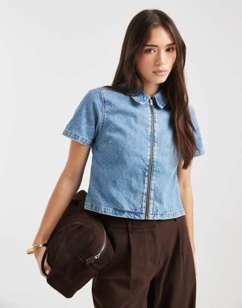 ASOS DESIGN denim zip front shirt in mid blue