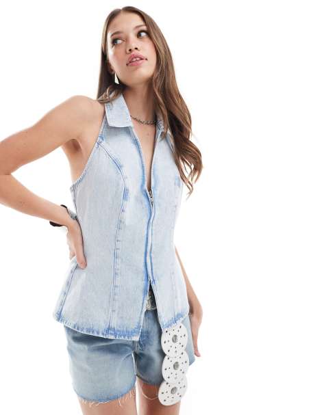 ASOS DESIGN denim zip front top in bleach - view 1