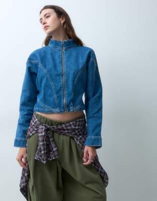 ASOS DESIGN denim zip funnel neck jacket in mid blue | ASOS