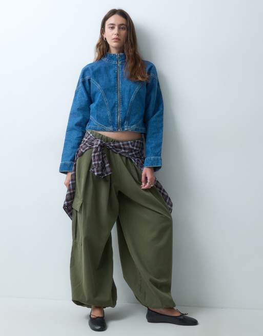 ASOS DESIGN denim zip funnel neck jacket in mid blue, 2 of 4