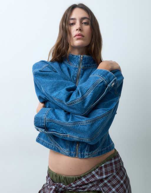 ASOS DESIGN denim zip funnel neck jacket in mid blue, 3 of 4