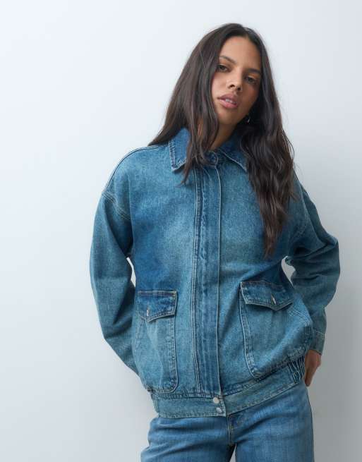 ASOS DESIGN denim zip through jacket with contrast collar in light vintage wash, 1 of 4