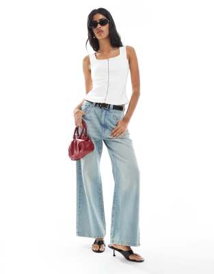 Asos Design Denim Zip Through Square Neck Top