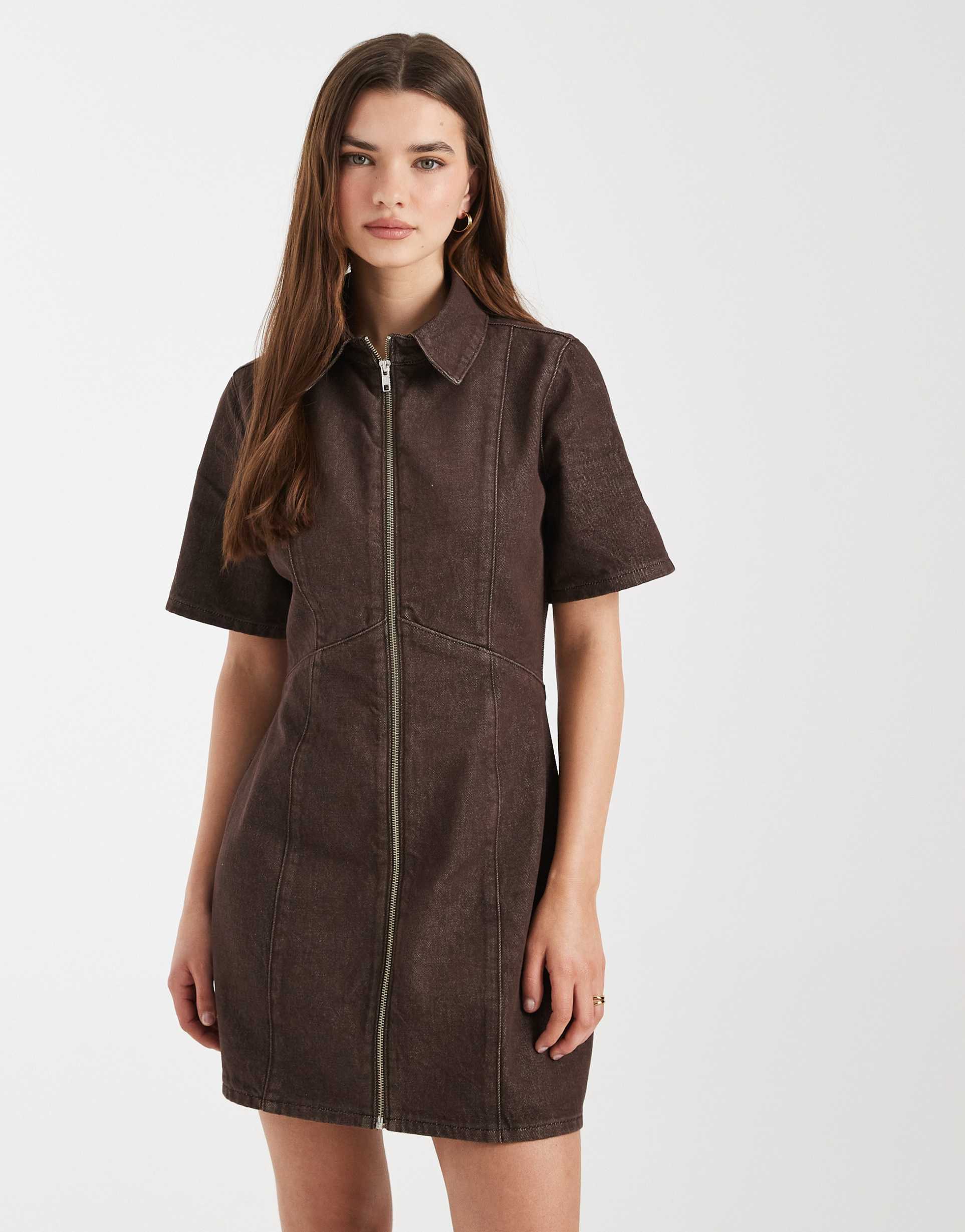 asos design denim zip up mini dress in brown