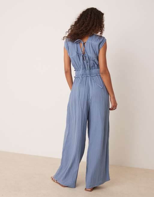 ASOS DESIGN – Denimblå jumpsuit med indragen byst i dubbel väv, 3 av 4