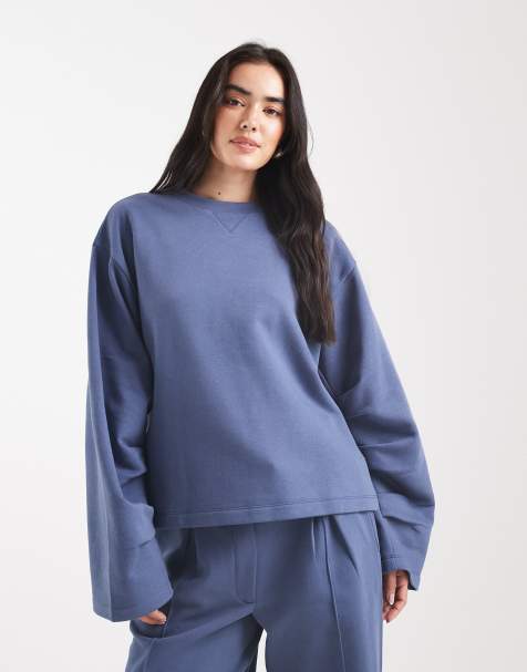 ASOS DESIGN - Denimblå og oversized sweatshirt med børstet tekstur indvendigt og rynkede ærmedetaljer - view 1
