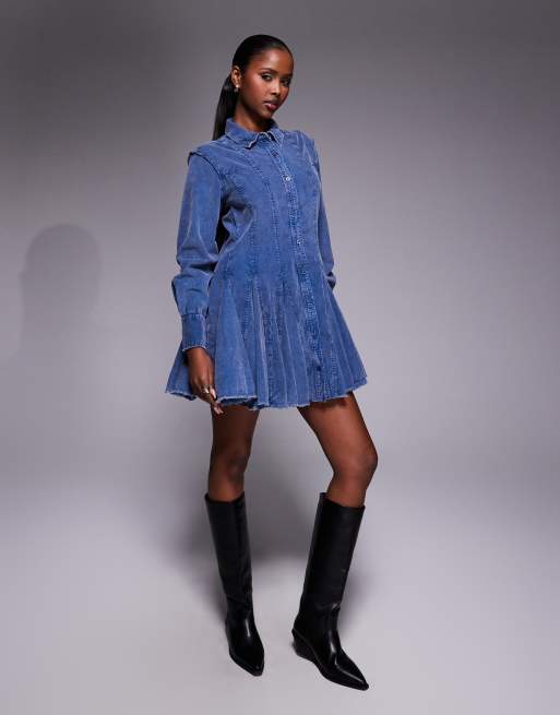ASOS DESIGN – Denimblå skjortklänning i manchester med markerad midja och klockad kjol, 3 av 4