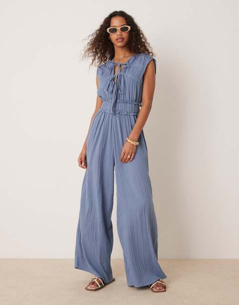 ASOS DESIGN - Denimblåt jumpsuit i dobbeltstof med rynket bryst - view 1