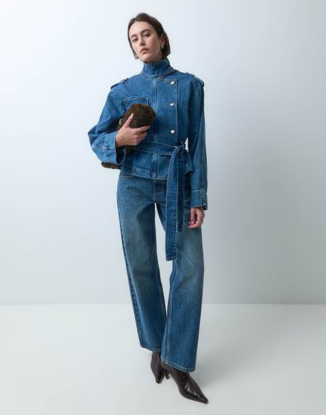 ASOS DESIGN denimjacka med ståkrage och skärp i mörk mellanblå - view 1