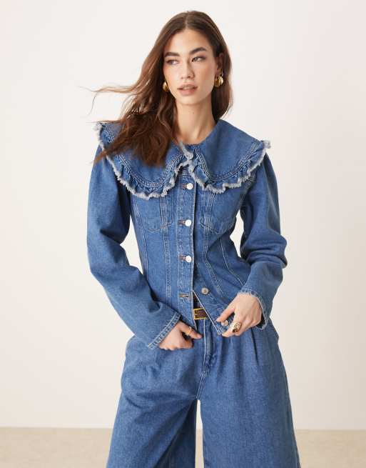 ASOS DESIGN - Denimjakke med flæsekrave og sømdetaljer - Del af sæt