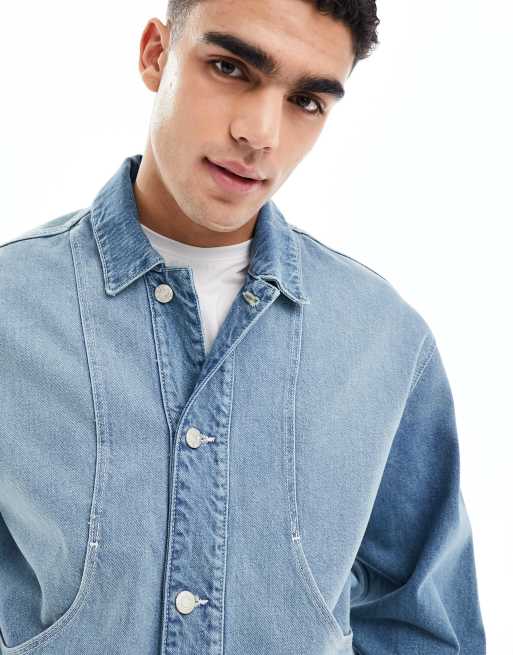 ASOS DESIGN - Denimjakke med forlommer med paneldetaljer i vasket blå i klassisk pasform, 3 af 4