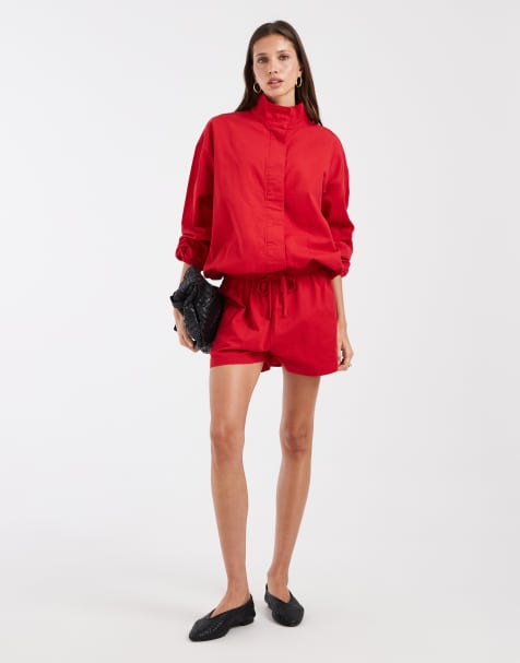 ASOS DESIGN denimjakke med ståkrave i rød del af sæt - view 1
