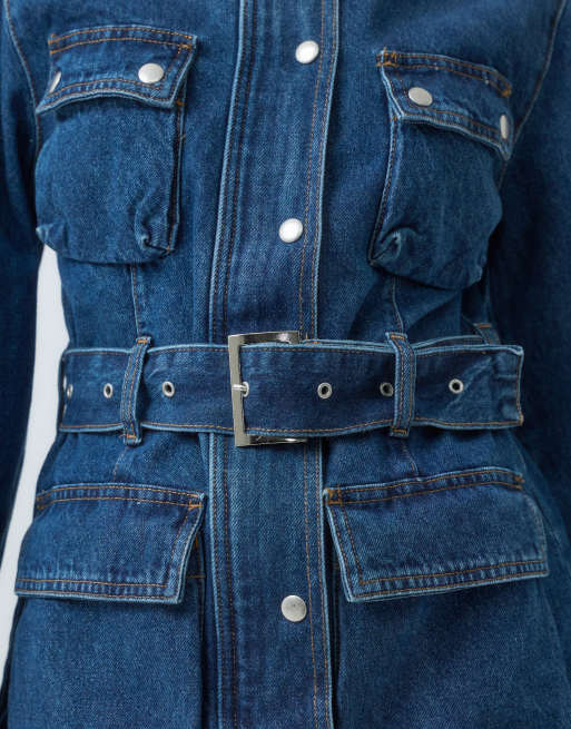 ASOS DESIGN denimjakke med ståkrave og bælte i mellemblå vask, 4 af 5