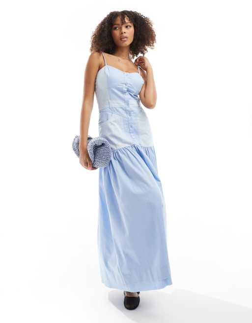 ASOS DESIGN - Denimlook maxi-jurk met stroken in blauw