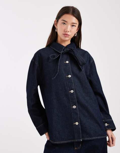 ASOs DESIGN - Denimskjorte i skyllet vask med sløjfe i halsen - view 1