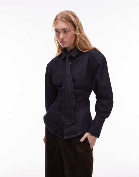 ASOS DESIGN - Denimskjorte med skulderpuder, indsyninger i taljen og bindebånd i skyllevask - view 1