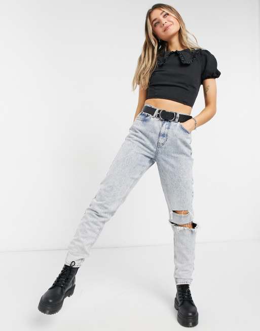ASOS DESIGN - Denimtop med flæsekrave i vasket sort bomuldsblanding - BLACK