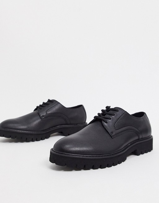 ASOS DESIGN derby lace up shoes in black faux leather with black sole