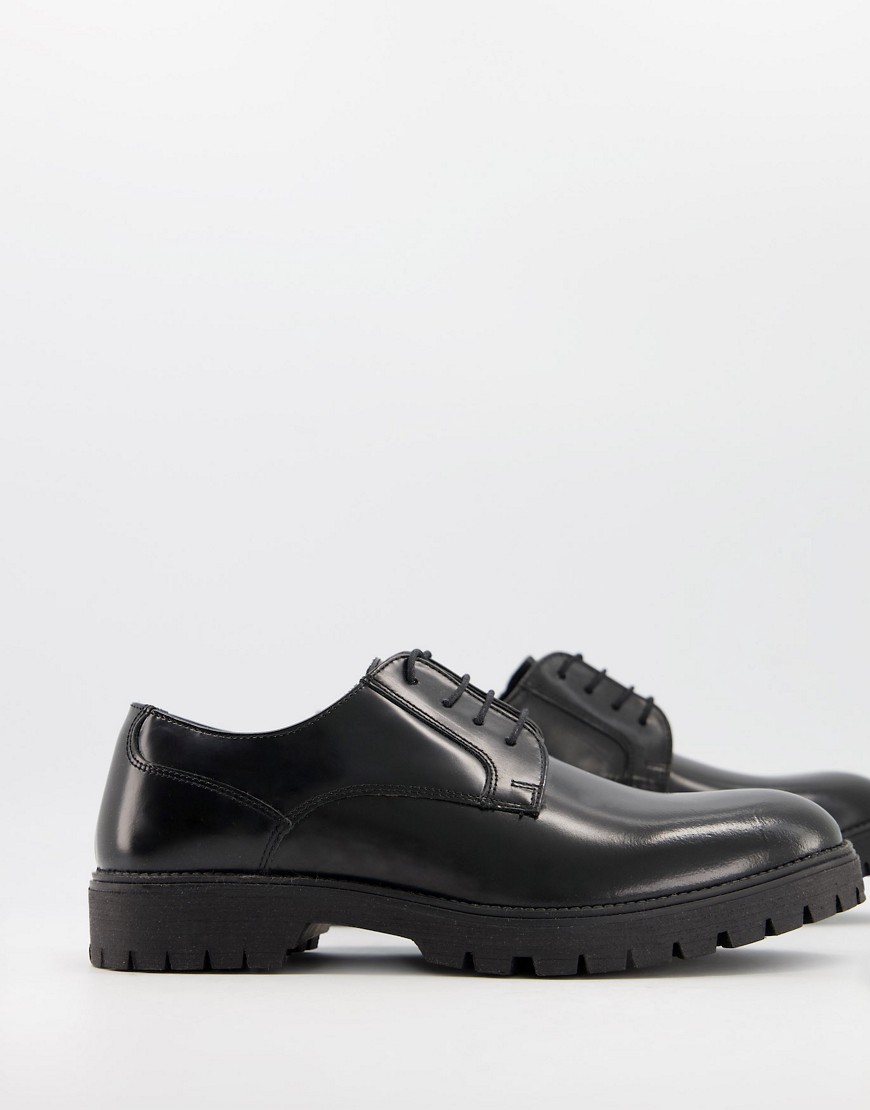 ASOS DESIGN derby lace up shoes in black leather with black sole