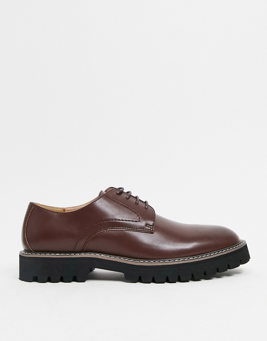 ASOS DESIGN derby lace up shoes in brown faux leather with black sole