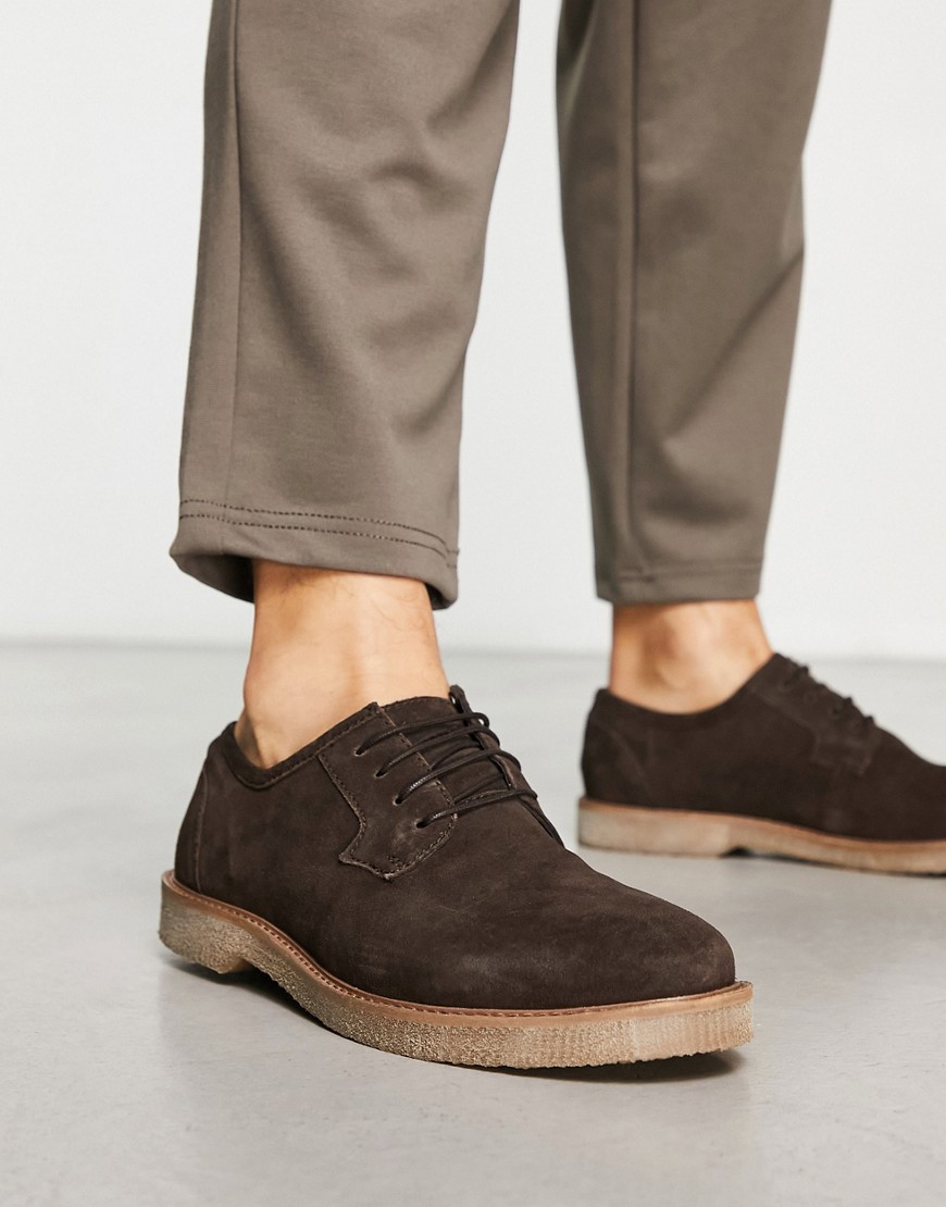 Asos Design Derby Lace Up Shoes In Brown Suede With Faux Crepe Sole