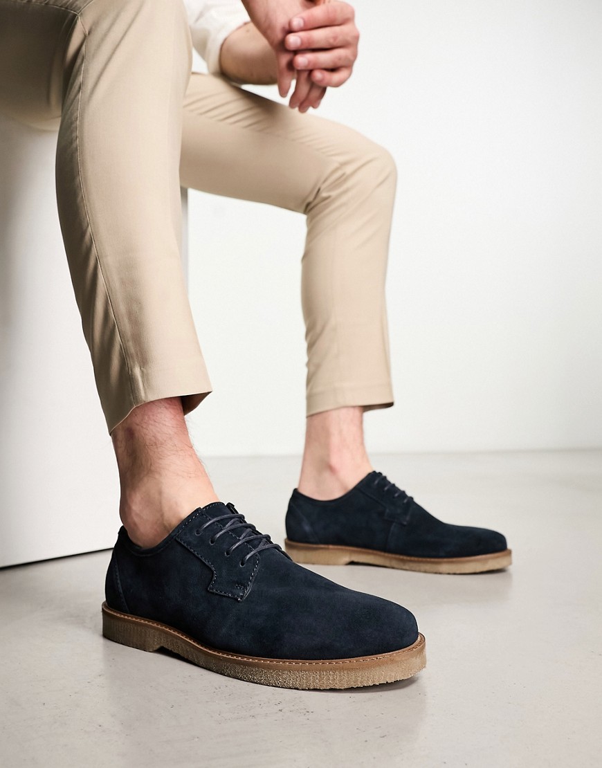 derby lace up shoes in navy suede with faux crepe sole