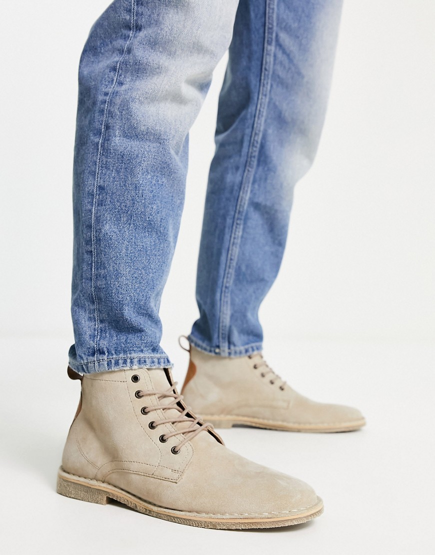 Asos Design Desert Boots In Stone Suede With Leather Detail-Neutral