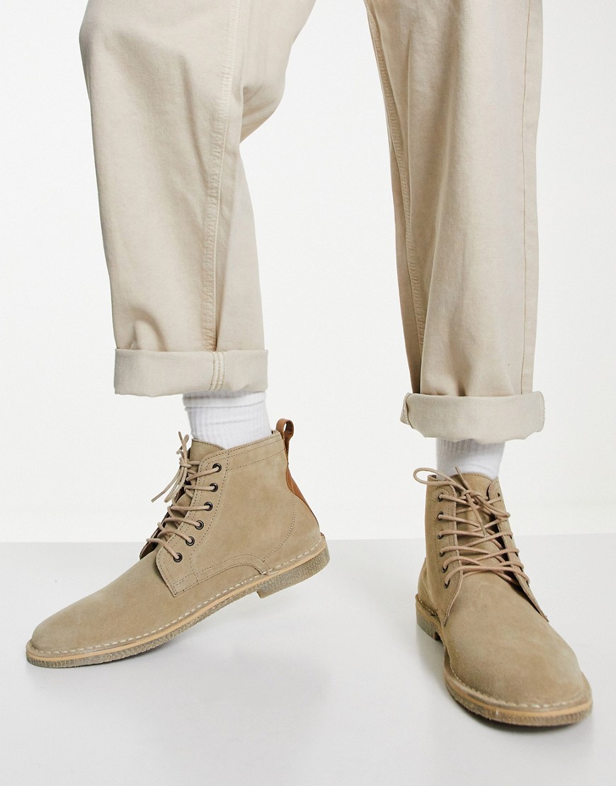 ASOS DESIGN desert boots in stone suede with leather detail-Neutral