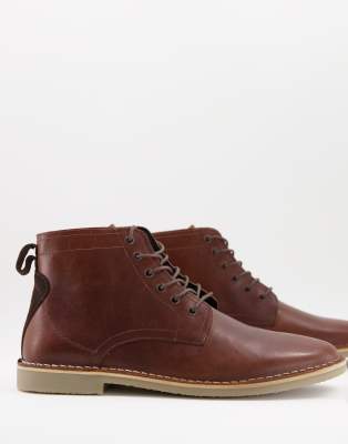 ASOS DESIGN DESERT BOOTS IN TAN LEATHER WITH SUEDE DETAIL-BROWN