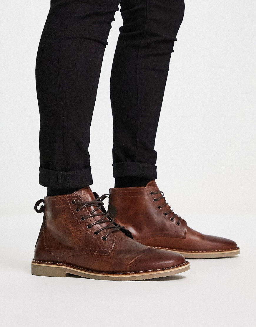 Asos Design Wide Fit Desert Boots In Tan Leather With Suede Detail-brown