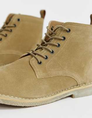 asos design desert boots in stone suede with leather detail
