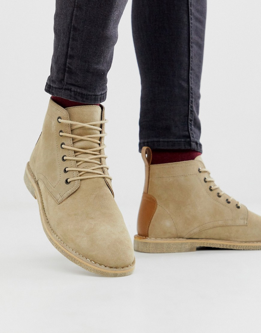 Asos Design Desert Chukka Boots In Stone Suede With Leather Detail-neutral