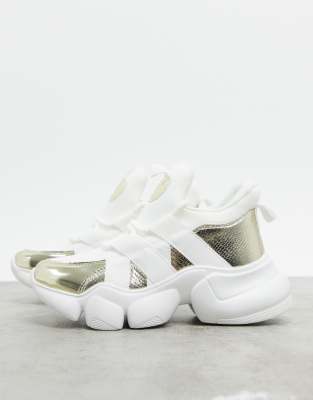 Asos Design Desire Neoprene Lace Up Sneakers In White And Gold Asos