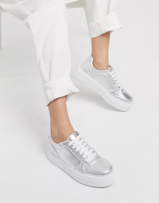 ASOS DESIGN Dessie flatform chunky sneakers in silver | ASOS