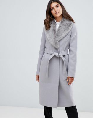 ASOS DESIGN detachable faux fur collar coat with tie belt | ASOS