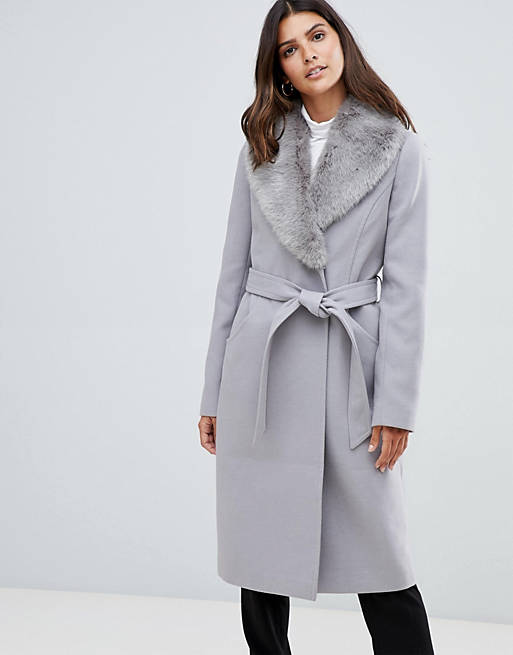 ASOS DESIGN detachable faux fur collar coat with tie belt