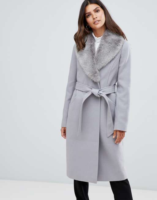 Grey faux shop fur collar coat