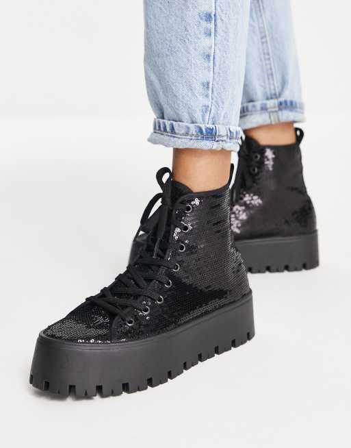 ASOS DESIGN - Detra - Sneakers alte con suola spessa, colore nero con paillettes