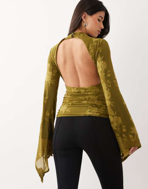 ASOS DESIGN devore angel sleeve top in olive, 4 of 4