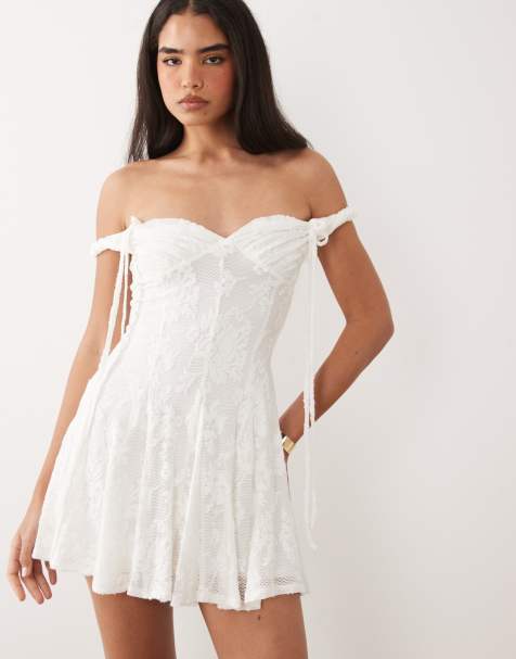 ASOS DESIGN devore bardot twist strap mini dress with godets in white - view 1