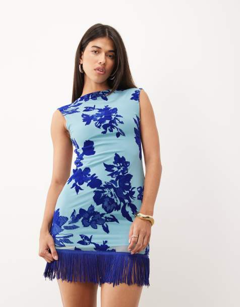 ASOS DESIGN devore blommig mesh miniklänning med fransar i blått - view 1