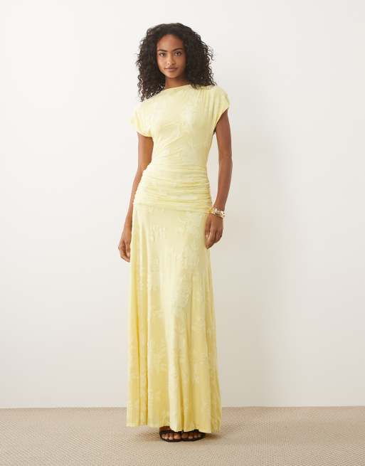 ASOS DESIGN devore blonde med rynkedetalje og korte ærmer maxikjole i lemon, 2 af 4