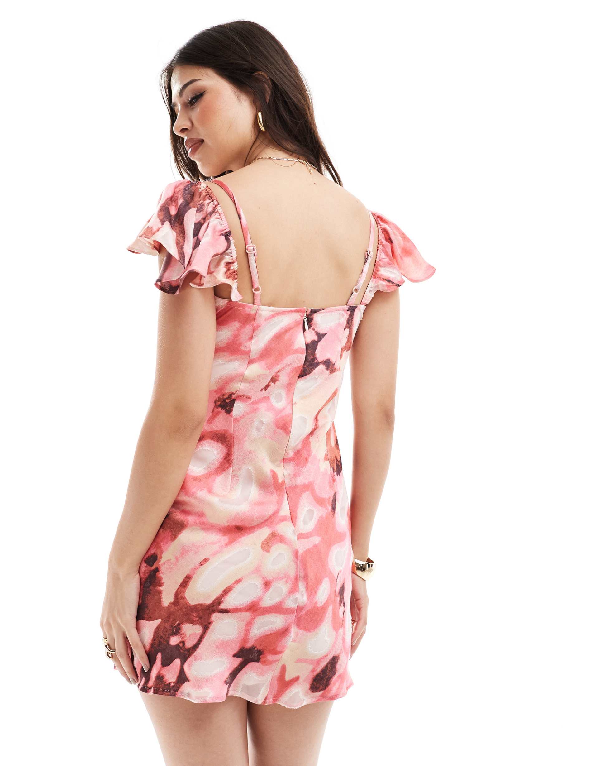 asos design devore cupped cami mini dress with frill sleeve in pink abstract print