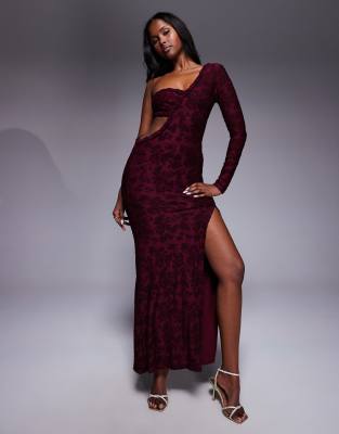 Asos Design Devore Cut Out Maxi Dress With One Sleeve And Side Slit In Burgundy