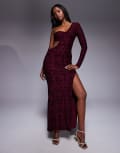 [ASOS DESIGN] ASOS DESIGN devore cut out maxi dress with one sleeve and side split in burgundy-Red 18 Burgundy