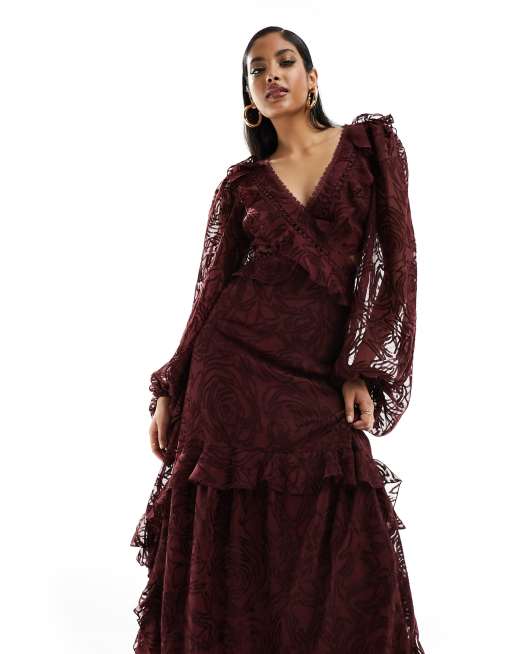 ASOS DESIGN devore cut out waist maxi dress with open back in burgundy, 4 of 4